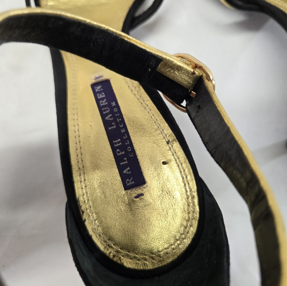 Ralph Lauren Collection Purple Label 10B Black Gold Leather Ankle Straps Heels - Picture 8 of 11